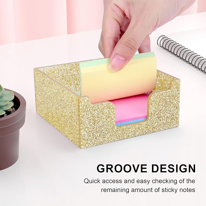 Rouidr Acrylic Sticky Note Holder, Self Stick Note Pad Holder, Gold | 3.94 x 3.94 Inch Glitter Memo Pad Dispenser Organizer for School Office Home Desk Supplies