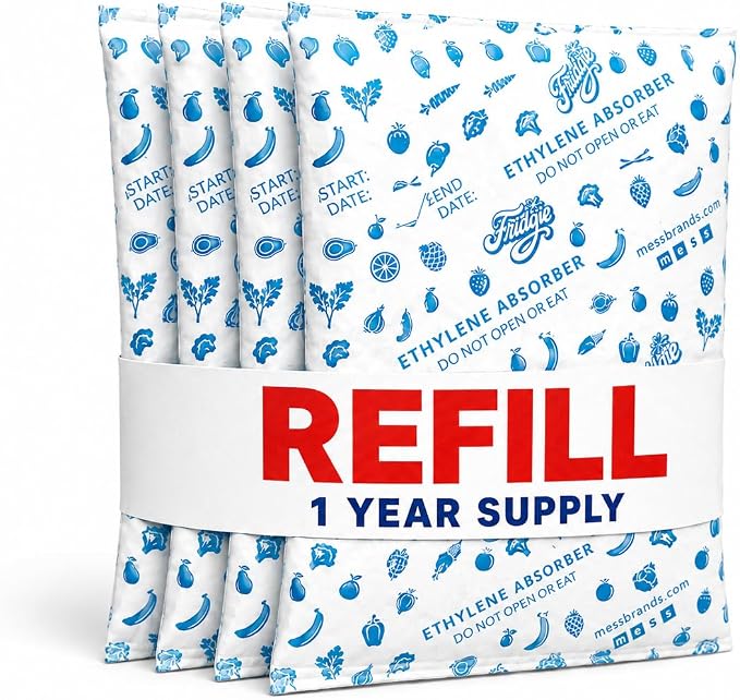 Fridgie Ethylene Gas Absorber Refill Packets - 1 Year Supply - Extends Life of Fruits & Vegetables - Slows Ripening & Reduces Food Waste - Fits The Fridgie Container (4 Packets)
