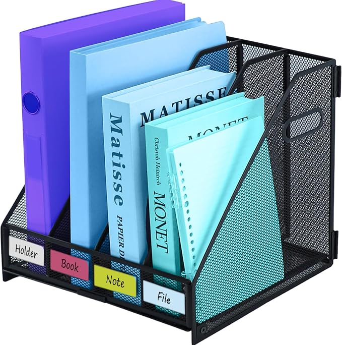 Desk Organizers Metal Magazine File Holder Racks Desktop Folder Storage Binder Organiser Document Organization for Home Office & Classroom,4 Vertical Compartments