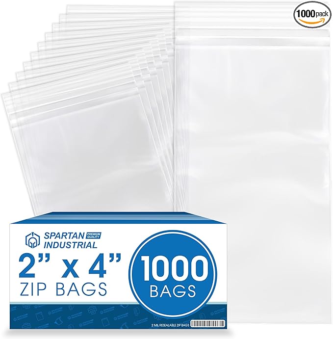 Spartan Industrial - 2” X 4” (1000 Count) 2 Mil Clear Reclosable Zip Plastic Poly Bags with Resealable Lock Seal Zipper