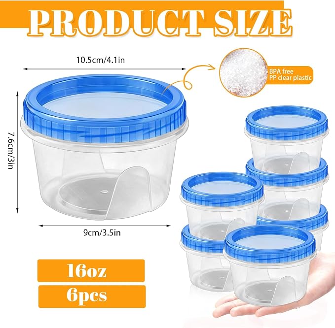 6 Pack Freezer Containers with Screw On Lids, 16 Oz Stackable Reusable Plastic Storage Container, Airtight Plastic Food Storage Containers with Twist Top Lids for Food Soup Jello Sauce