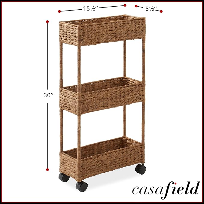 Casafield 3-Tier Slim Rolling Storage Cart - Cinnamon, Water Hyacinth Utility Cart for Bathroom, Craft Room, Nursery, Laundry Room Organization