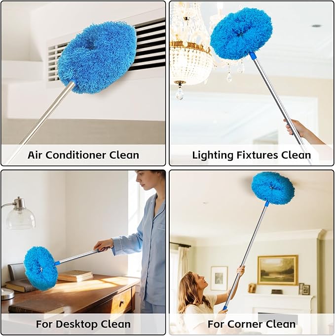 DRQ Ceiling Fan Cleaner Duster, 2 Pack Reusable Microfiber Duster with Extension Pole, 13 to 81 Inch Fan Blade Cleaner, Removable Dusters for Cleaning Walls Bookshelves Door Window Top (Blue)