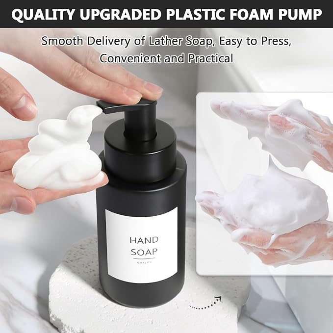 RYTOXILO Matte Black Foaming Hand Soap Dispenser, 10 oz/300ml Glass Foam Dispenser, 2 Pcs Foaming Soap Dispenser for Bathroom, Black Refillable Pump with Waterproof Labels