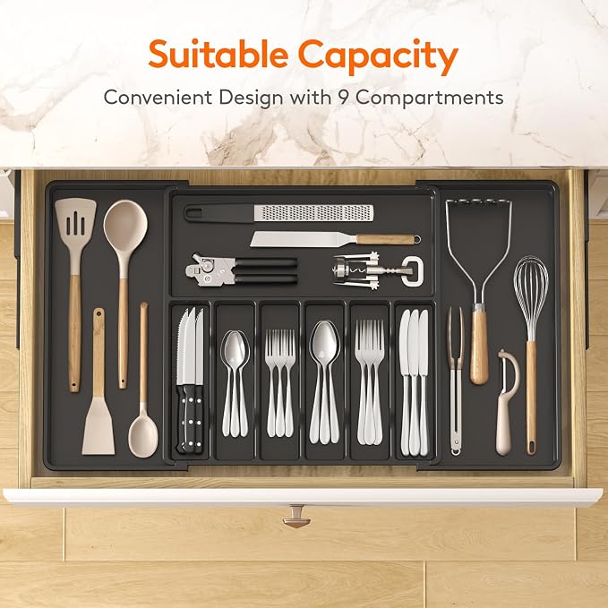 Lifewit Silverware Drawer Organizer, Expandable Utensil Tray for Kitchen, BPA Free Flatware and Cutlery Holder, Adjustable Plastic Storage for Spoons Forks Knives, 18- 33 x 18.5", Black