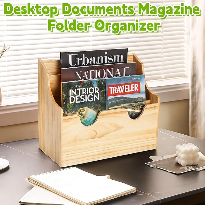 Wood Magazine Holder, 4 Tiers Wall Mounted Desktop Magazine File Divided Organizer, Mail Paper Sorter Newspaper Storage Bin Basket for Office, Home