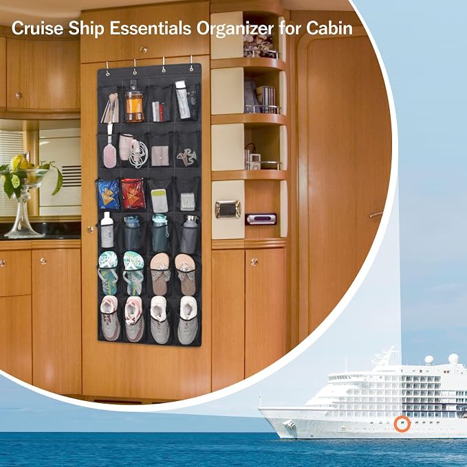 F-color Over the Door Organizer for Cruise - 24-Pocket Hanging Organizer | Tool-Free Mount with 4 Metal Hooks, See-Through Mesh Pockets, Lightweight & Foldable, Space-Saving for Travel and Daily Use