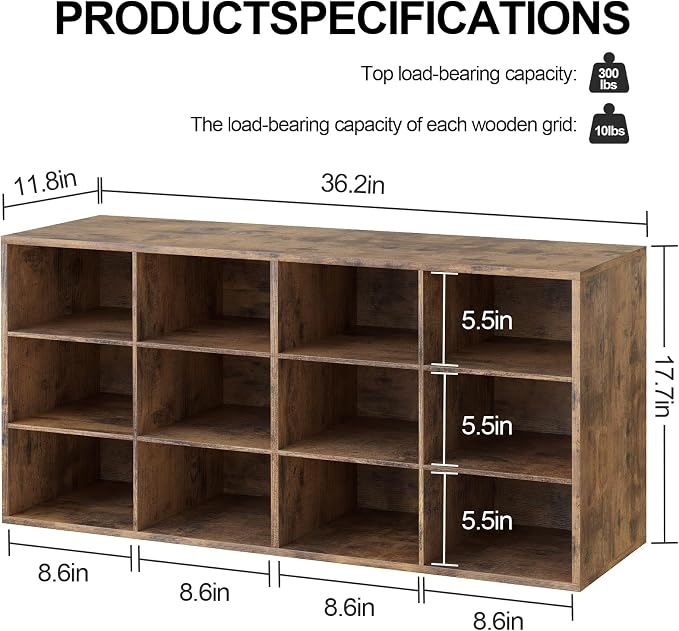 Shoe Storage Bench Cubby with 12 Cubbies, Wood Shoe Rack Organizer Cabinet | 12 Cubbies