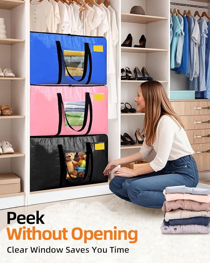 Extra Large Moving Bags, 4 Pack Heavy Duty Storage Bags Boxes Bins Totes with Hnadles Zippers Visible Window for Clothes College Dorm Travel, Blue