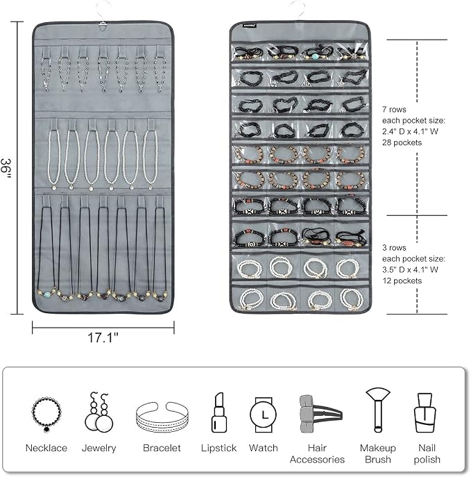 Dual-sided Hanging Jewelry Organizer with 40 Pockets and 20 Hook Loops Necklace Holder Jewelries Organizer for Earrings Bracelets Rings with 360 Degree Rotating Hanger (40 Pockets and 20 Hook Loops-Grey)