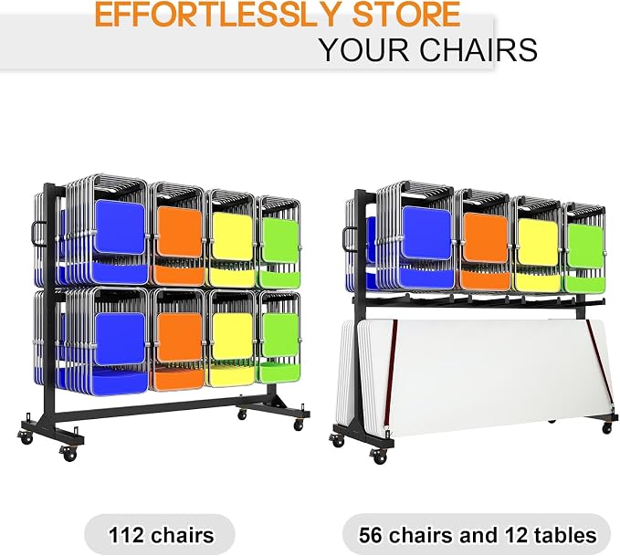 Specraft Folding Chair Rack, Holds 12 Tables or 112 Chairs, 1250 lbs Capacity, Heavy-Duty Cart with Wheels, Elastic Cords, Cover, Glossy Black