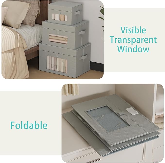 Storage Bins with Lids, Cube Organizer Basket with Window, Closet Boxes with Carrying 2 Handles and Sturdy PP Support Plate, 2 Pack, Grey, 15 x 9.8 x 9.8 In, XSNY17GL-2