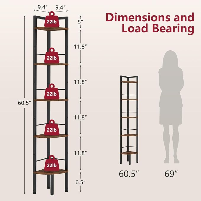 Tajsoon Narrow Corner Shelf Stand 5 Tier 60.5" Industrial Corner Ladder Shelves with Metal Frame, Multipurpose Tall Corner Bookshelf Bedroom, Living Room, Office, Kitchen, Rustic Brown
