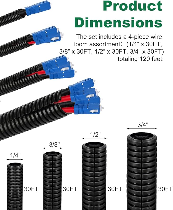 MUZIK 4 Pack Split Wire Loom, 120FT Flame Retardant PP for Cable Management | Heat & Abrasion Resistant, Flexible Split Design, Durable Cable Protection, Automotive & Home Use, Long Lasting Protection