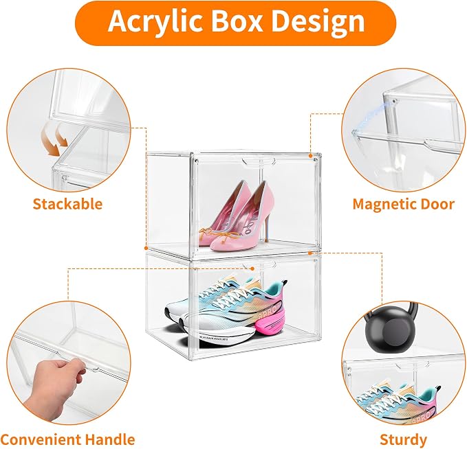 3 Pack Clear Acrylic Sneaker Shoe Display Case,Shoe Storage Boxes Stackable,Acrylic Boxes for Shoes Display with Lid,Boot Storage Organizer for Tall Boot,Purse Handbag Organizer for Closet