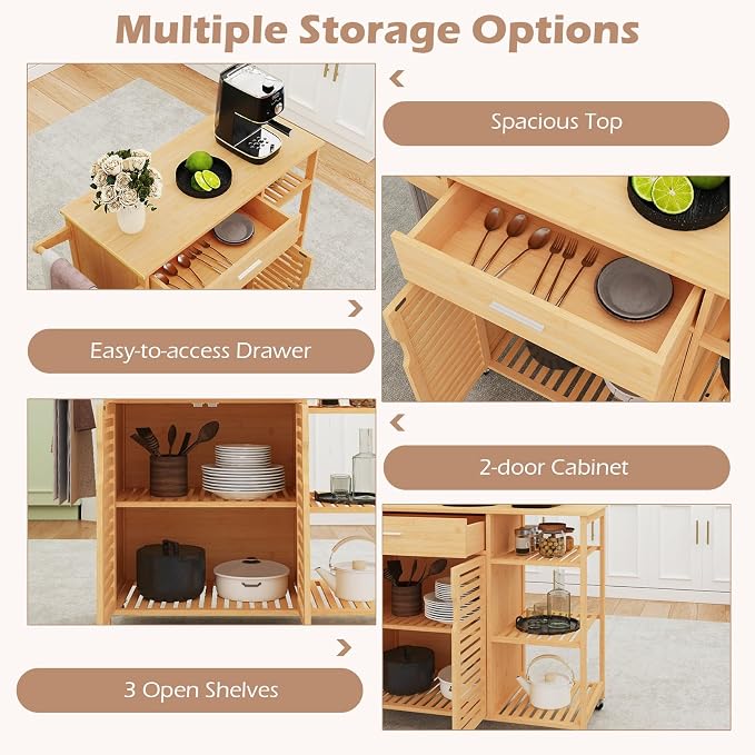 Bamboo Kitchen Island Cart, Rolling Butcher Block with Large Drawer, 2-Door Cabinet, 3-Tier Open Shelves, Towel Rack, Kitchen Carts on Wheels with Storage for Dining Room