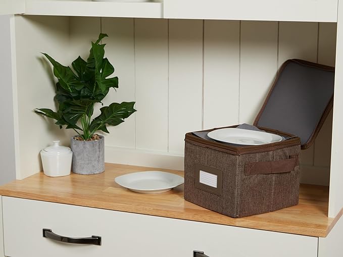 Covermates Dish Storage Box Set – China & Dinner Plate Storage Containers with Felt Dividers, Dual Zippers, Reinforced Handles, ID Window & Stackable Design, Brown Heather