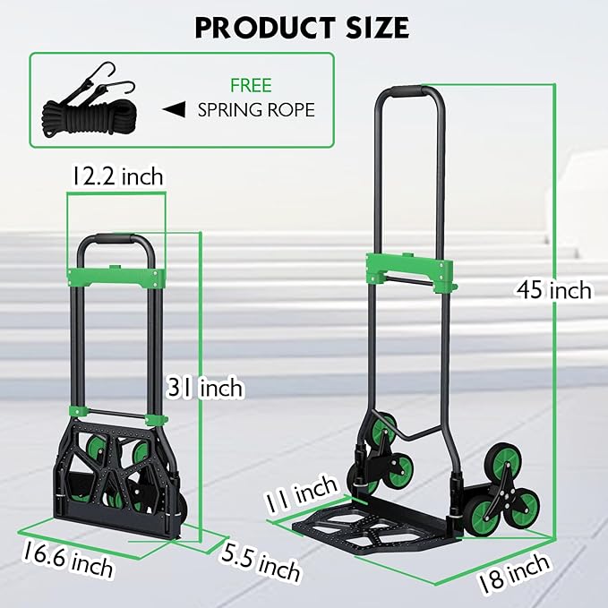 Heavy-Duty 330LB Capacity Hand Truck with Stair-Climbing Wheels & One-Touch Retractable Handle - Q235 Steel Collapsible Dolly Cart, 4.2-Inch Triple Wheels, Elastic Strap & Sponge Grip (Green)