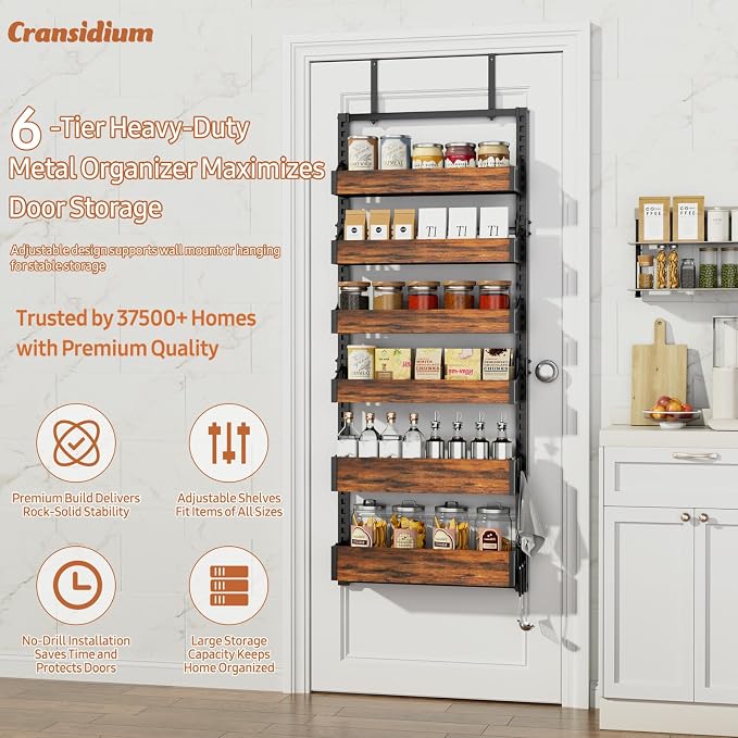 Over the Door Pantry Organizer: Storage and Pantry Organization with Hanging Basket - 6-Tier Metal Spice Rack Adjustable Shelves for Kitchen Laundry Room Bedroom & Bathroom Black