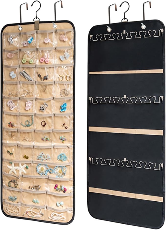 Jewelry Hanging Organizer, Oxford Fabric Jewelry Holder with Pockets & Metal Hooks, Wall Mount Door Hanging Storage for Necklaces, Earrings, Bracelets, Large Travel Closet Organizer for Women