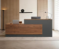 Modern L-Shaped Reception Desk with Counter - 87 inch Front Desk with Storage Cabinet, Open Shelves, Lockable Drawer & Keyboard Tray for Office, Lobby, Checkout (Red Walnut & Iron Gray - Left)