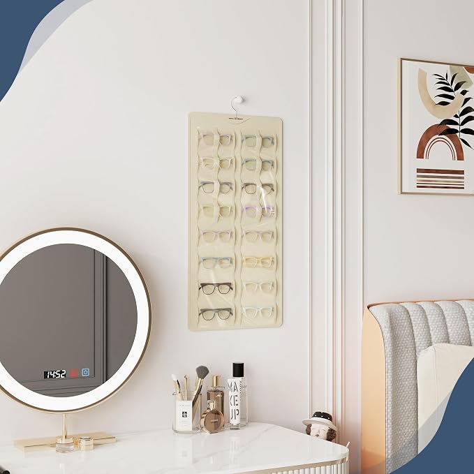 Hanging Sunglasses Organizer and Storage, 32 Slots Jewelry Holder, Beige | Protect eyewear from dust with double-sided clear compartments; roof design hangs on wall, door or closet for home/RV travel.