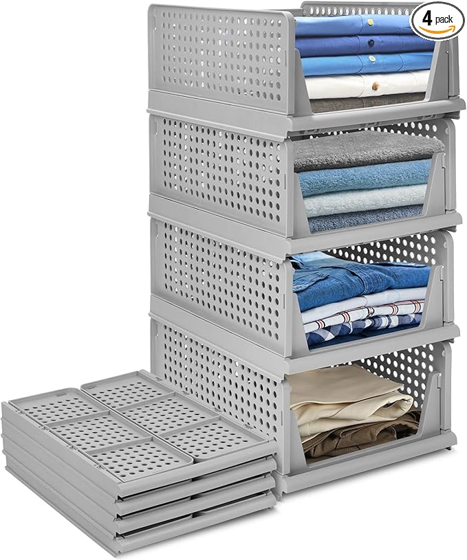 4-Pack Folding Wardrobe Storage Box Plastic Drawer Organizer Stackable Shelf Baskets Cloth Closet Container Bin Cube Home Office Bedroom Laundry Pull Out Drawer Dividers for Clothes,Toys Organization