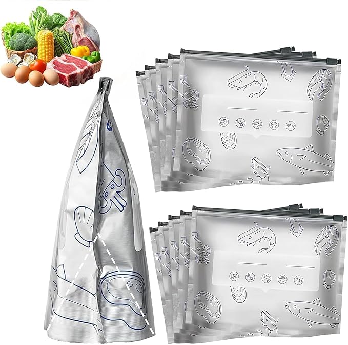 2026 New Reusable Aluminum Foil Sealable Storage Bags, Upgrade Resealable Vacuum Zipper Pouches with Label and Zip Lock, Stand Up Foil Sealable Bags for food, Vegetable and Fruit Meat (10PCS, Large)