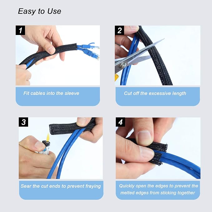 Cable Management Sleeve, Split Design, 25FT - 3/8 Inch, Black | Cord Protectors from Pets | Heat & Abrasion Resistant Wire Loom | Automotive Wiring & Home Office Cable Organization