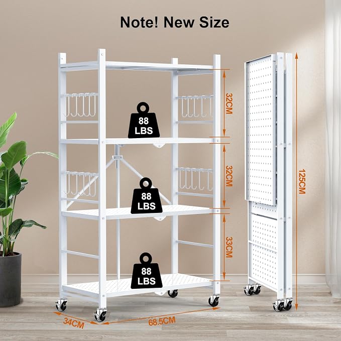 Himix Storage Shelves with 20 Hooks, 4-Tier Foldable Shelves for Storage, Folding Shelf Unit Pantry Shelves with Wheels, Metal Shelving Storage Rack Shelf for Kitchen Garage Home, White - No Assembly