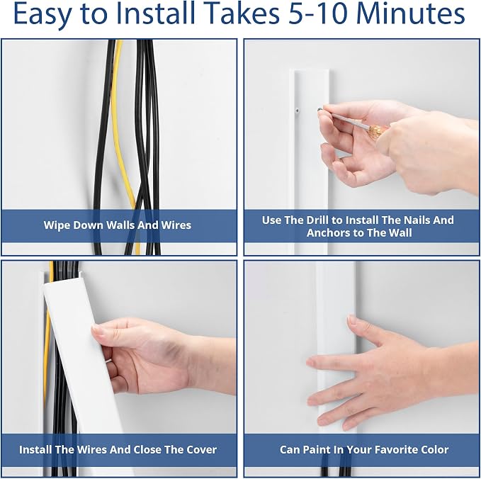 47in TV Cord Hider, Adhesive & Screw Mount Large Cable Hider Kit | Cord Covers for Wall Mount TV, Paintable Cable Management Cord Organizer, Wire Hiders for TV on Wall L15.7inW2inH0.7in, White