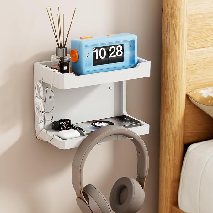 NiHome Bedside Wall Shelf Organizer, Wood 2-Tier Floating Nightstand, White | Dual Mount Adhesive Or Screw, 4 DIY Hooks, Cell Phone Glasses Holder, College Dorm Room Essentials