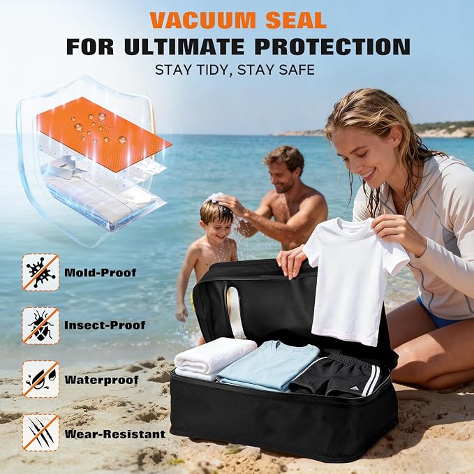 Vacuum Bags for Travel with Wired Pump, Travel Compression Bags for Clothes, 180° Open Zipper, Save 80% Space, IP68 Waterproof Travelpack Vacuum Kit for Luggage, Suitcase, Home Storage (2 Pack + Pump)