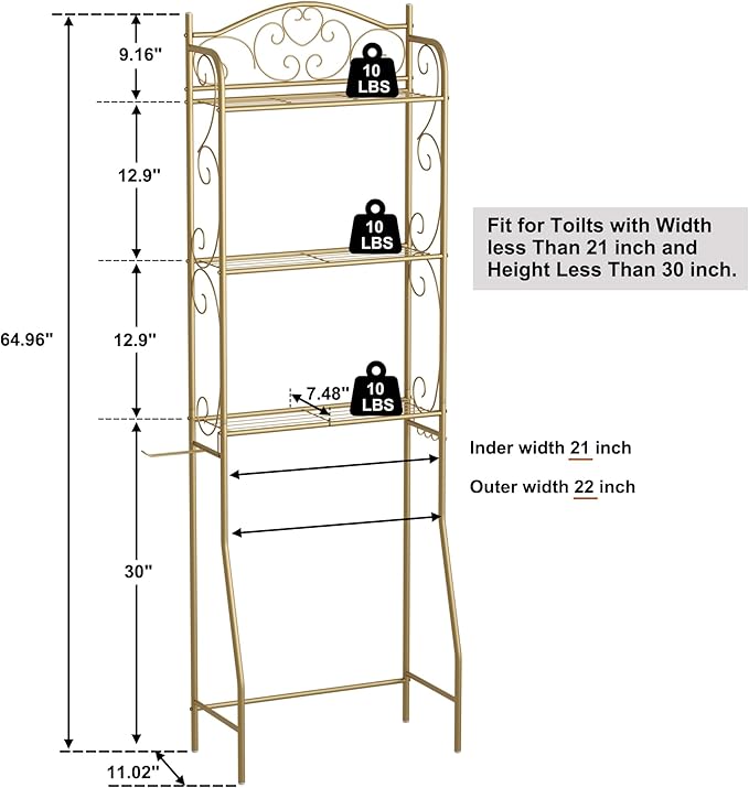 HOME BI Over The Toilet Storage Shelf, 3-Tier Over Toilet Bathroom Organizer Rack, Freestanding Space Saver Toilet Stands with Hooks (Gold)