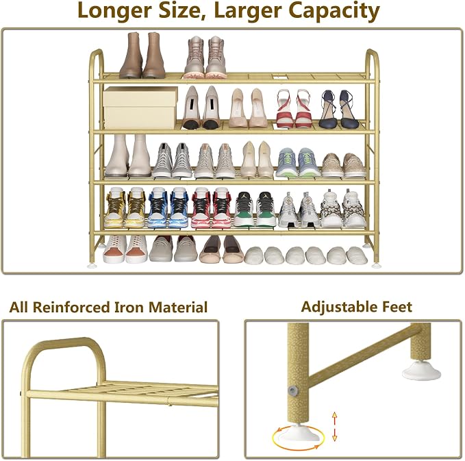 LINZINAR 4 Tier Long Shoe Rack for Closet Metal Shoe Organizer for Entryway | Spacious design stores 25+ pairs of shoes,durable metal frame,space-saving organizer for closet, hallway, and Entryway Gold