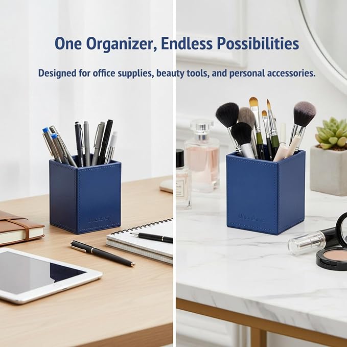 UnionBasic Square Pen Holder, Leather Pencil Cup, Desktop Caddy Stationery Organizer, True Blue