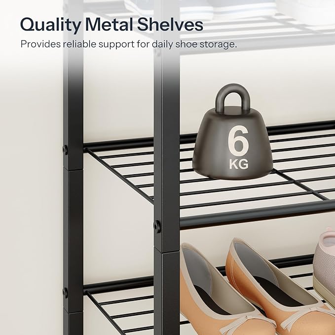 HOOBRO Shoe Rack, 4-Tier Narrow Shoe Organizer for Entryway, Holds 12-16 Pairs of Shoes, Metal Shoe Shelf with Removable Tier, Adjustable Feet, for Closet and Hallway, Rustic Brown and Black BF49XJ01