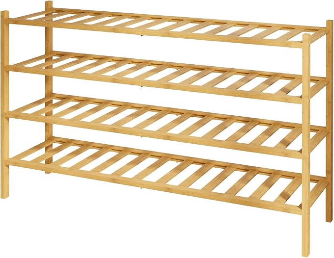 Kitsure Bamboo Wooden Shoe Rack for Closet - Stackable Shoe Organizer with Modular Structure, Space-Saving Shoe Shelf for Entryway, Living Room, Bedroom, 32.7" Wide - 4 Tiers, Natural