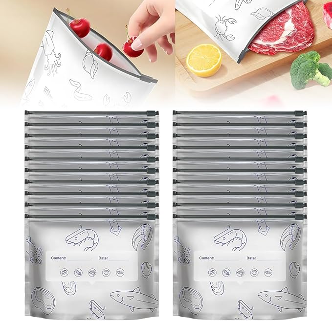 Reusable Aluminum Foil Sealable Storage Bags, Vacuum Zipper Pouches with Label and Stand Up Bottom Design, Leakproof Durable Food Storage Bags for Vegetables Fruits Meat (20, Small)