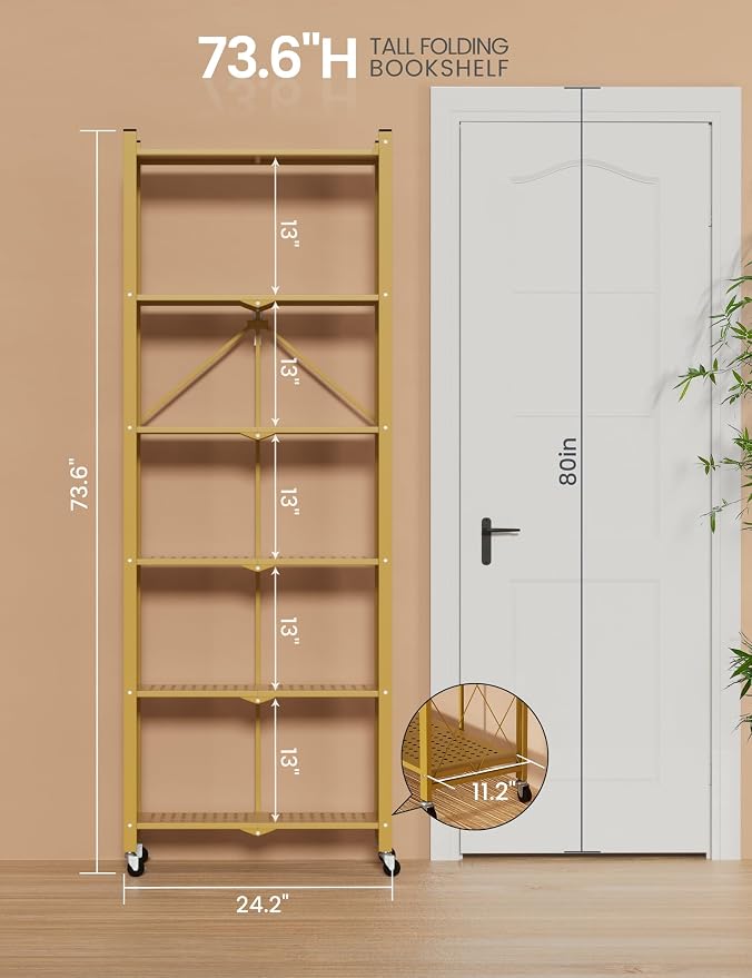ALANNG 73.6 Inch Folding Bookshelf, 6 Tier Metal Bookcase and Bookshelves | Tall Shelves for Living Room Office Bedroom, Heavy Duty Book Shelve Free Standing Open (Gold, 1PACK)