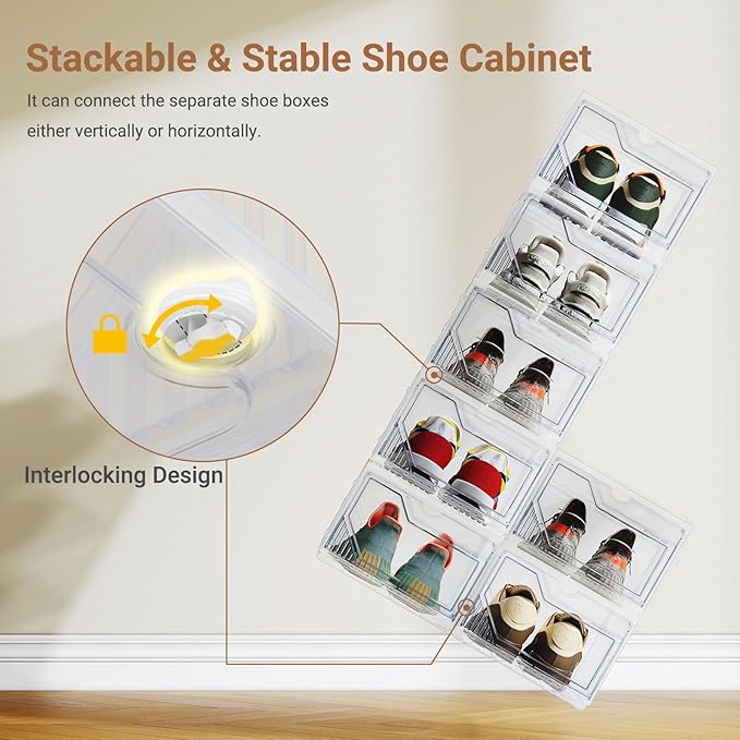 XX-Large Shoe Sneaker Storage Boxes for Size 14, Stackable & Thicken Clear Plastic Shoe Organizers 12 Packs for Entryway Closet Under Bed, Shoe Storage Cabinets Container Display Case w/ Magnetic Door