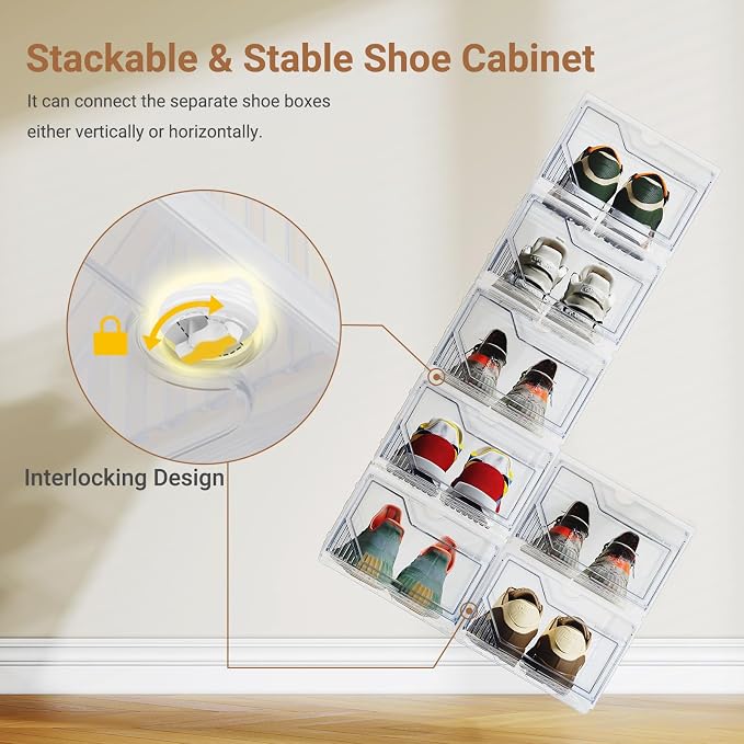 XX-Large Shoe Sneaker Storage Boxes for Size 14, Stackable & Thicken Clear Plastic Shoe Organizers 16 Packs for Entryway Closet Under Bed, Shoe Storage Cabinets Container Display Case w/ Magnetic Door