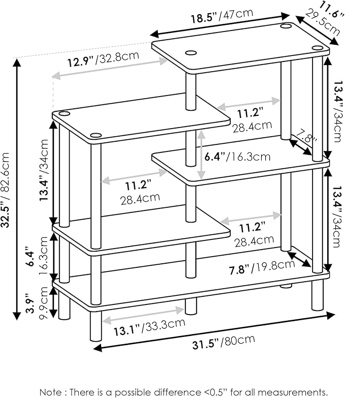 Furinno TURN-N-TUBE Storage Shelves, 5-Tier Book Shelf, Accent Display Shelf, Toolless Open Shelves, Round Tubes, for Organization and Storage, Living Room, Garage, Home Office, Espresso
