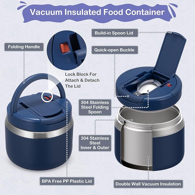 MAXSO 14oz Vacuum Insulated Food Jar with Spoon Buckle Lid, Kids Soup Thermo for Hot Food Wide Mouth Leakproof Stainless Steel Lunch Container - Navy Blue
