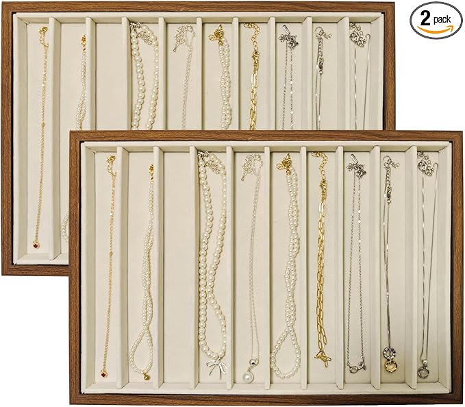 2 Pcs Large Velvet Jewelry Trays for Drawers Stackable Jewelry Drawer Organizer Inserts for Vendors Jewelry Display for Rings Necklace Bracelets Earrings and Studs Earrings (Beige, 2 Pcs 10 Grids)