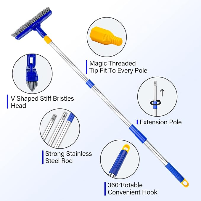 ITTAR Grout Brush with Long Adjustable Handle, Swivel Scrub Brush, V-Shape Grout Line Scrubber with Stiff Bristle for Deep Cleaning Tile Grout, Shower, Kitchen, Hard-to-Reach Corners
