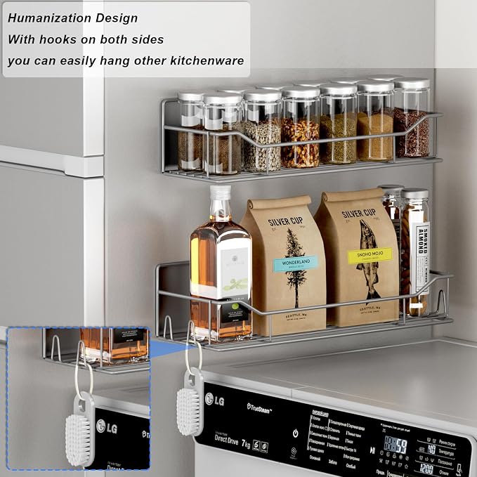 Magnetic Spice Rack for Refrigerator,8 Pack Magnetic Fridge Shelf, Moveable Spice Organizer with Hook Rack, Paper Towel Holder, Utensil Holder,cup lid holder, Super Magnetic Rack Set (Grey)