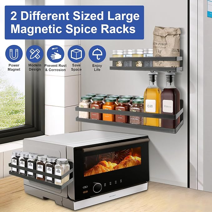 Uten Large Magnetic Spice Rack for Refrigerator 2 Pack, Gray | Heavy Duty Metal Magnetic Shelves, Capacity of up to 23lbs, Muti-Use for Kitchen, Washing Machine, 16"*4.5" and 12"*4"
