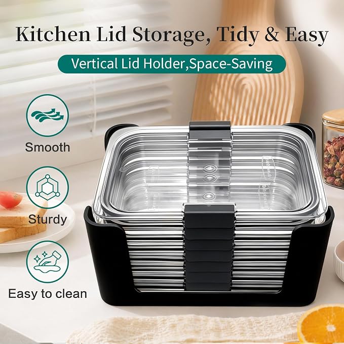 Food Storage Container Lids Organizer for Rubbermaid Brilliance Nap-On Lids,Stackable Food Storage Container Lid Organizer--Fits 0.5, 1.3, 3.2, 4.7 & 9.6 Cups--Holds 32 Lids(Black,4-Piece Bundle)