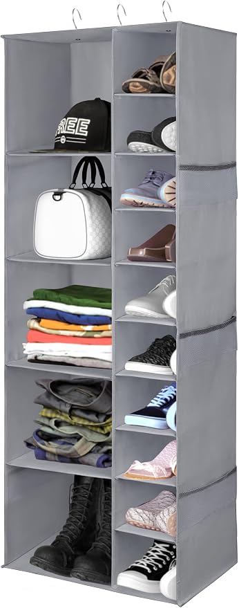 Libeder Shoe Organizer for Closet, 15 Shelf Hanging Closet Storage Shelves - 10 Shoe Rack Organizer and 5 Compartment for Clothes with 6 Side Mesh Pockets for Scarves Socks,Gloves, Grey